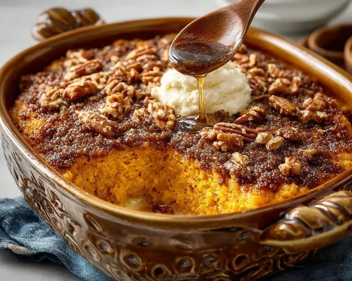 Delicious sweet potato pecan casserole served in a baking dish