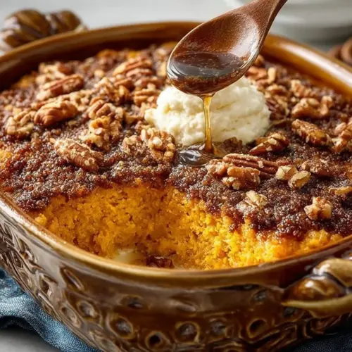 Delicious sweet potato pecan casserole served in a baking dish