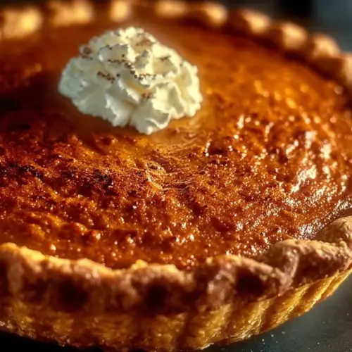 Delicious slice of homemade sweet potato pie topped with whipped cream