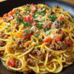 Delicious Taco Spaghetti served in a bowl topped with cheese and fresh herbs