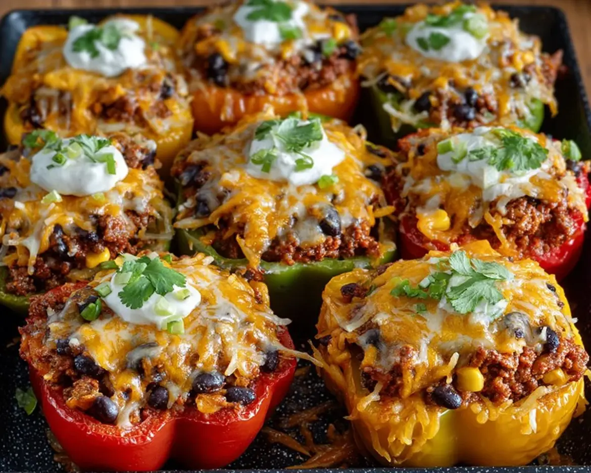 Delicious taco stuffed bell peppers filled with seasoned meat and vegetables