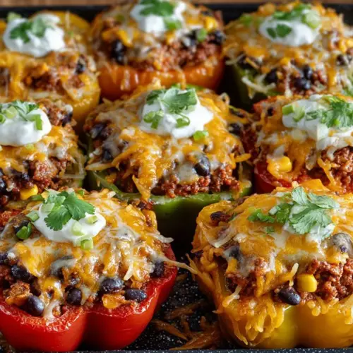 Delicious taco stuffed bell peppers filled with seasoned meat and vegetables