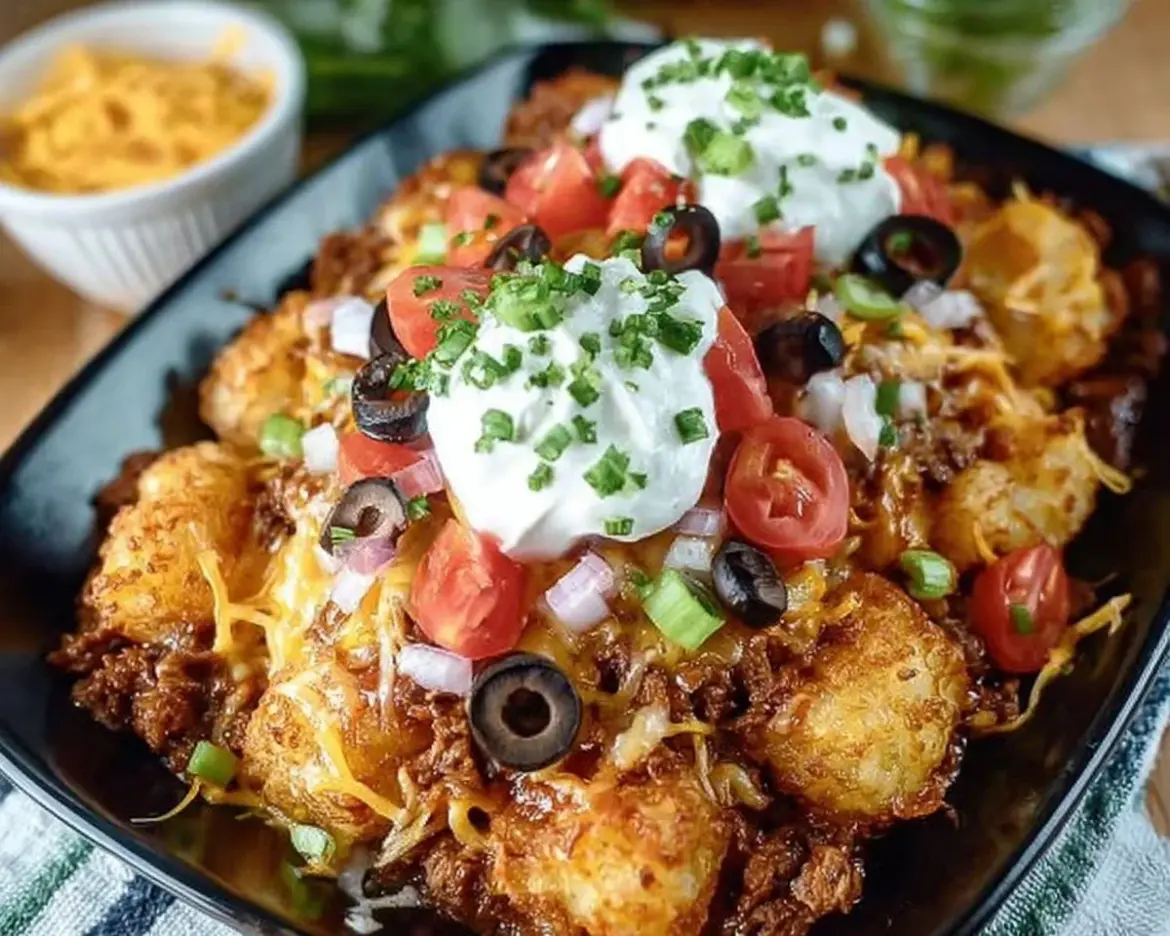 Delicious Tater Taco Casserole served with toppings in a baking dish
