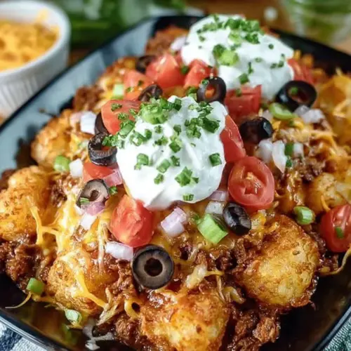 Delicious Tater Taco Casserole served with toppings in a baking dish