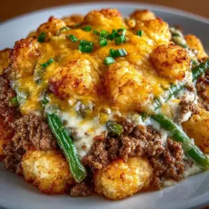 Tater Tot Hamburger Green Bean Casserole ready to serve in a baking dish
