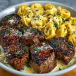Plate of tender garlic butter steak served with cheesy Alfredo tortellini