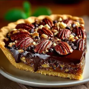 A delicious Texas chocolate pecan pie, featuring rich chocolate and crunchy pecans.