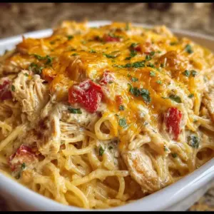 Delicious bowl of homemade chicken spaghetti topped with herbs