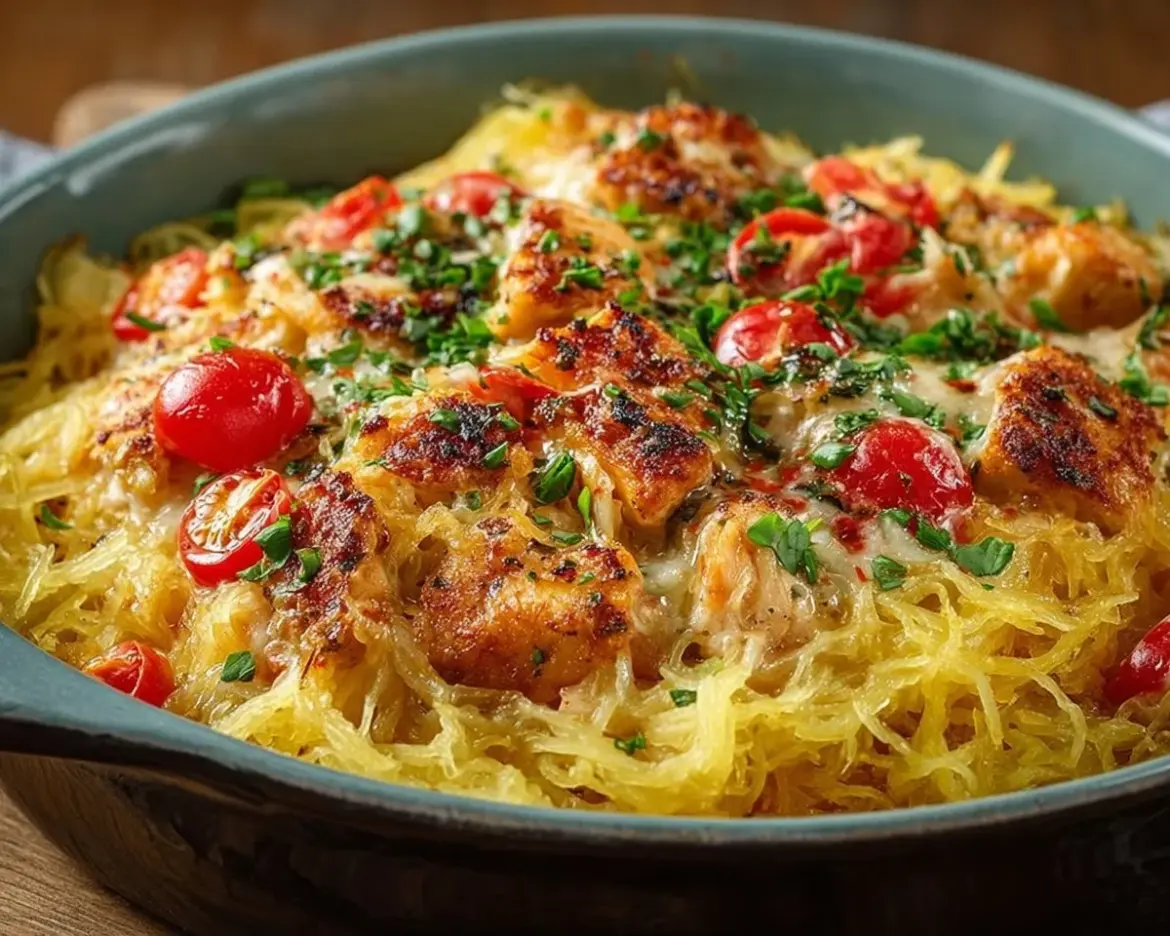 A plate of chicken spaghetti squash topped with herbs and vegetables