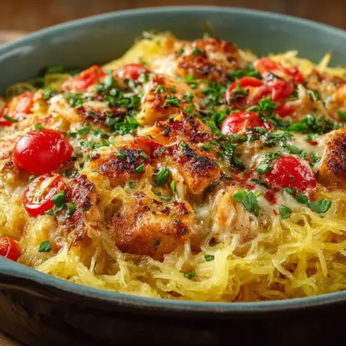 A plate of chicken spaghetti squash topped with herbs and vegetables