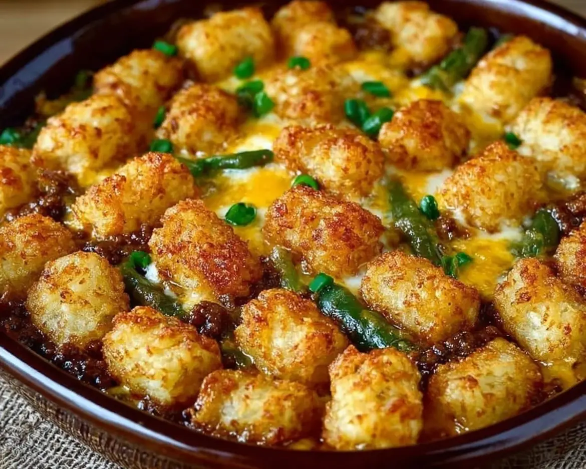 Delicious tater tot casserole topped with crispy tots and melted cheese