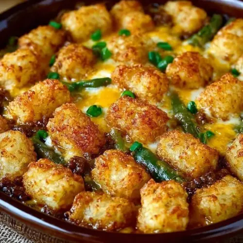Delicious tater tot casserole topped with crispy tots and melted cheese