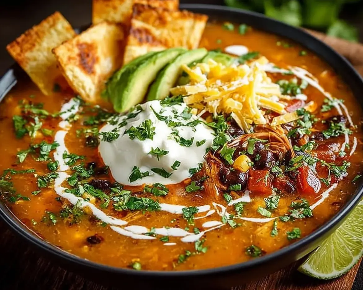 Delicious bowl of homemade tortilla soup topped with crispy tortilla strips