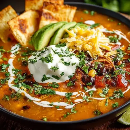 Delicious bowl of homemade tortilla soup topped with crispy tortilla strips