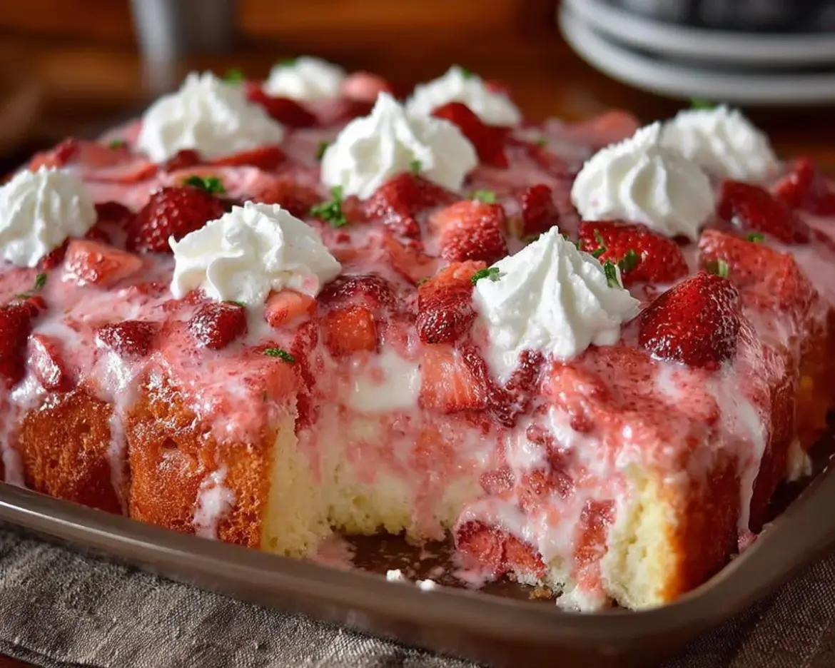 Delicious homemade strawberry cake topped with fresh strawberries