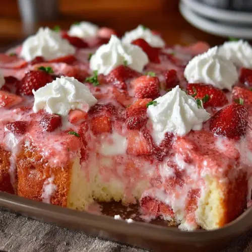 Delicious homemade strawberry cake topped with fresh strawberries