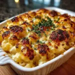 Three-Cheese Baked Macaroni dish, featuring melted cheese and pasta