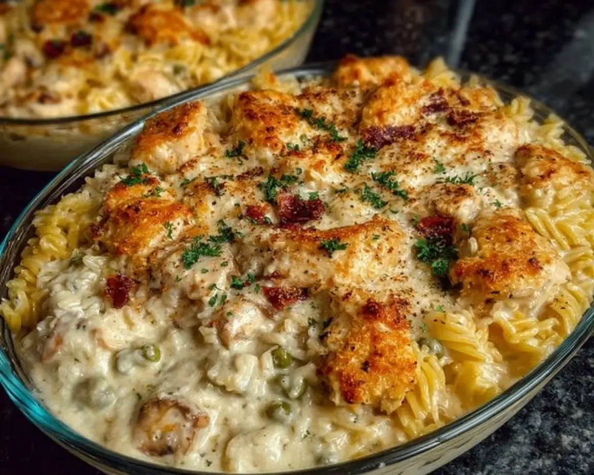 Ultimate chicken casserole baked with vegetables and topped with cheese