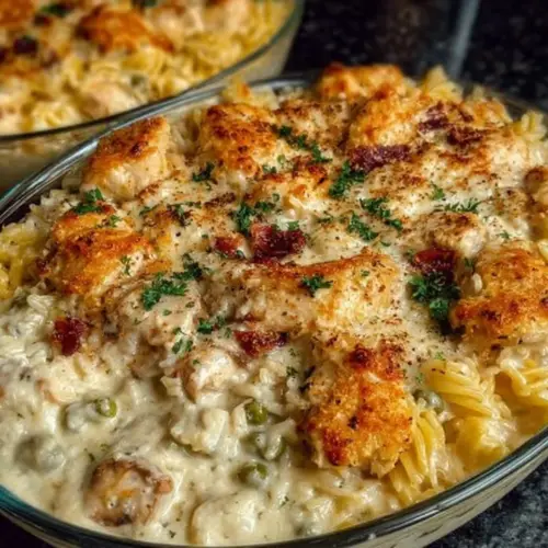 Ultimate chicken casserole baked with vegetables and topped with cheese