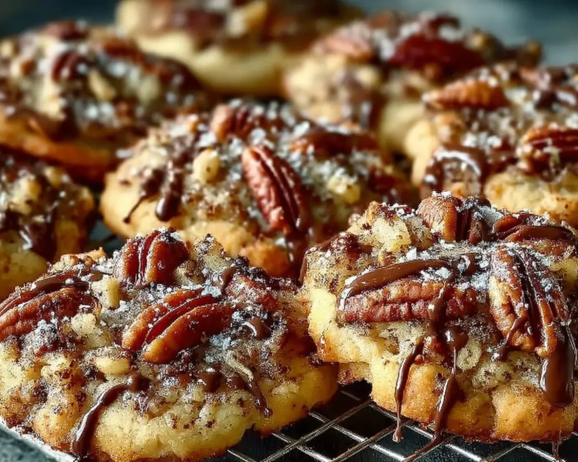 Ultimate pecan pie cookies with chopped pecans and caramel drizzles