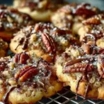 Ultimate pecan pie cookies with chopped pecans and caramel drizzles