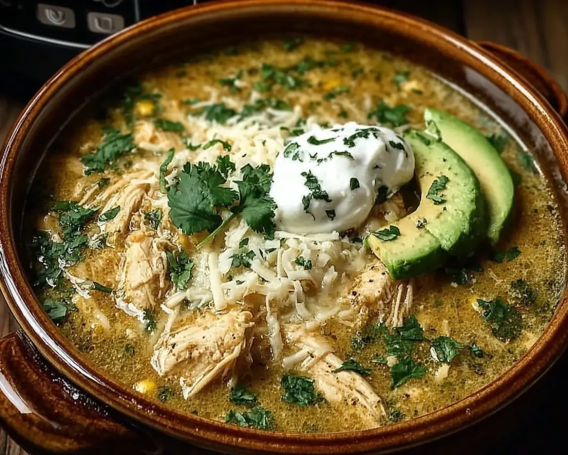 Bowl of Ultimate Slow Cooker Green Enchilada Chicken Soup with fresh toppings