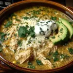 Bowl of Ultimate Slow Cooker Green Enchilada Chicken Soup with fresh toppings