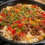 Unstuffed pepper skillet dish featuring bell peppers, ground meat, and rice.