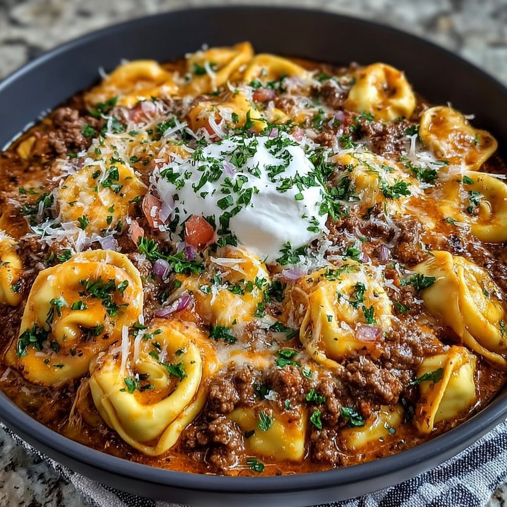 One-Pot Cheesy Enchilada Tortellini with Beef