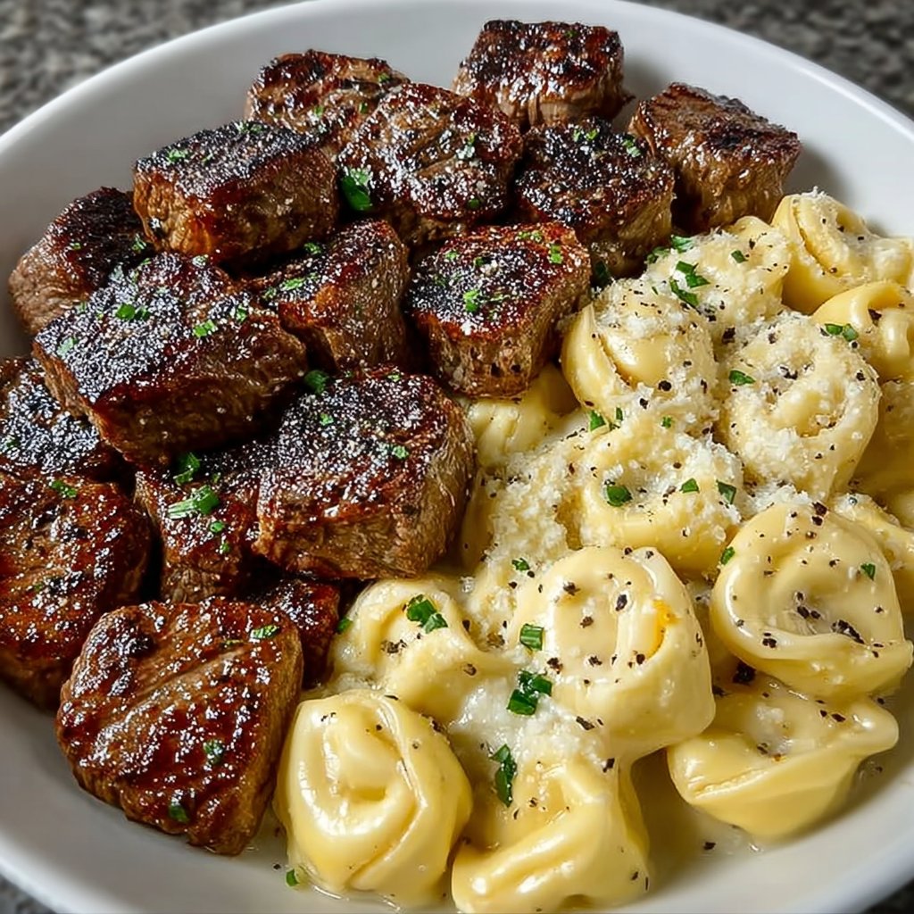 Garlic Butter Steak Bites & Creamy Alfredo Tortellini