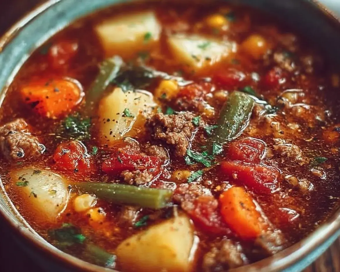 Bowl of vegetable beef soup filled with fresh vegetables and tender beef pieces.