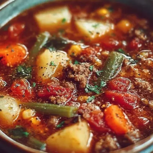 Bowl of vegetable beef soup filled with fresh vegetables and tender beef pieces.