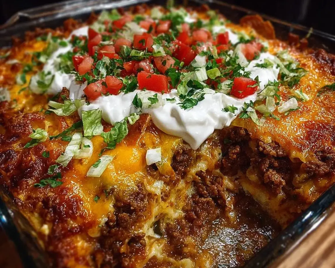 Delicious Walking Taco Casserole served in a bowl with toppings.