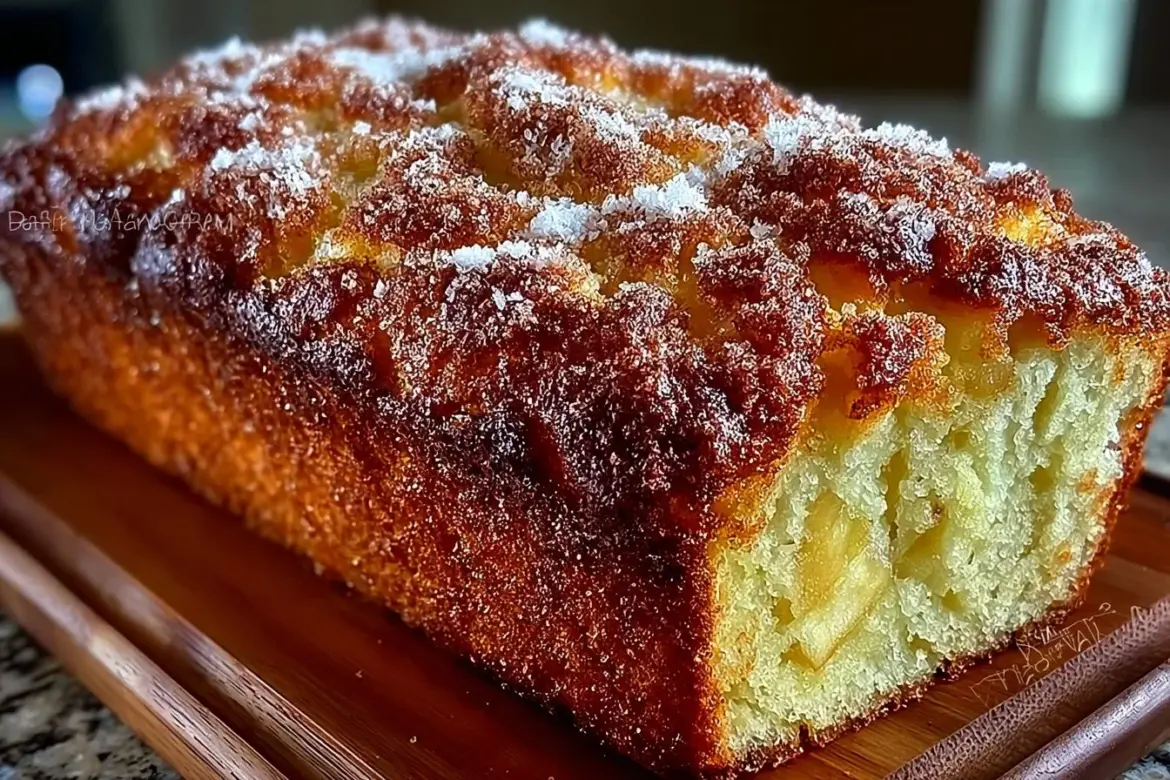 Sliced warm cinnamon sugar apple loaf on a wooden board