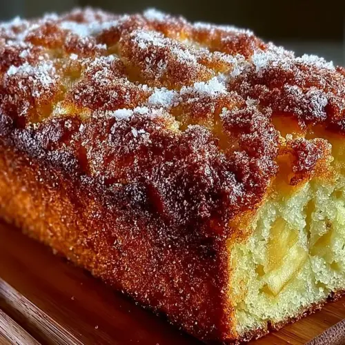 Sliced warm cinnamon sugar apple loaf on a wooden board