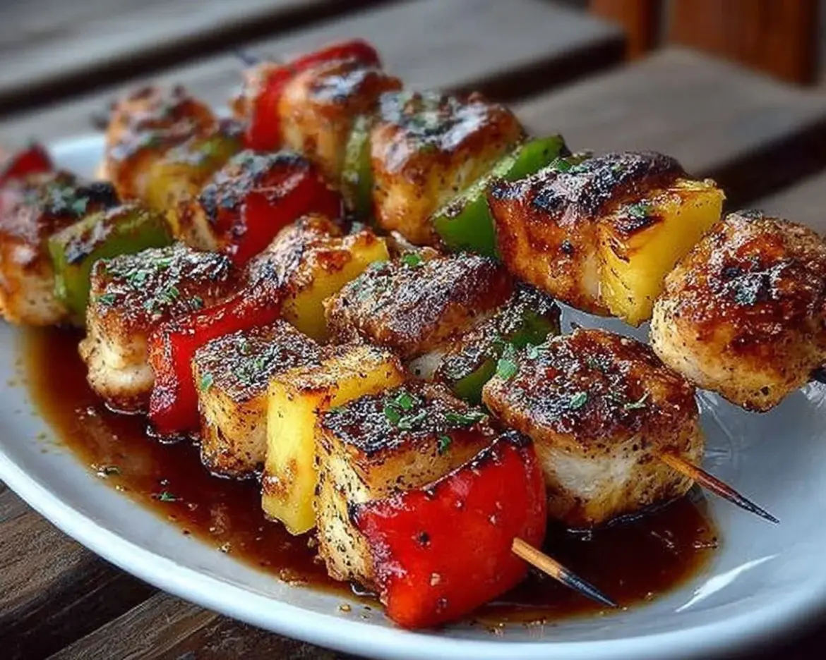 Delicious Weight Watchers Chicken Pineapple Kabobs ready to be grilled.