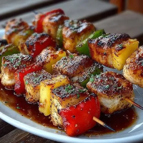 Delicious Weight Watchers Chicken Pineapple Kabobs ready to be grilled.