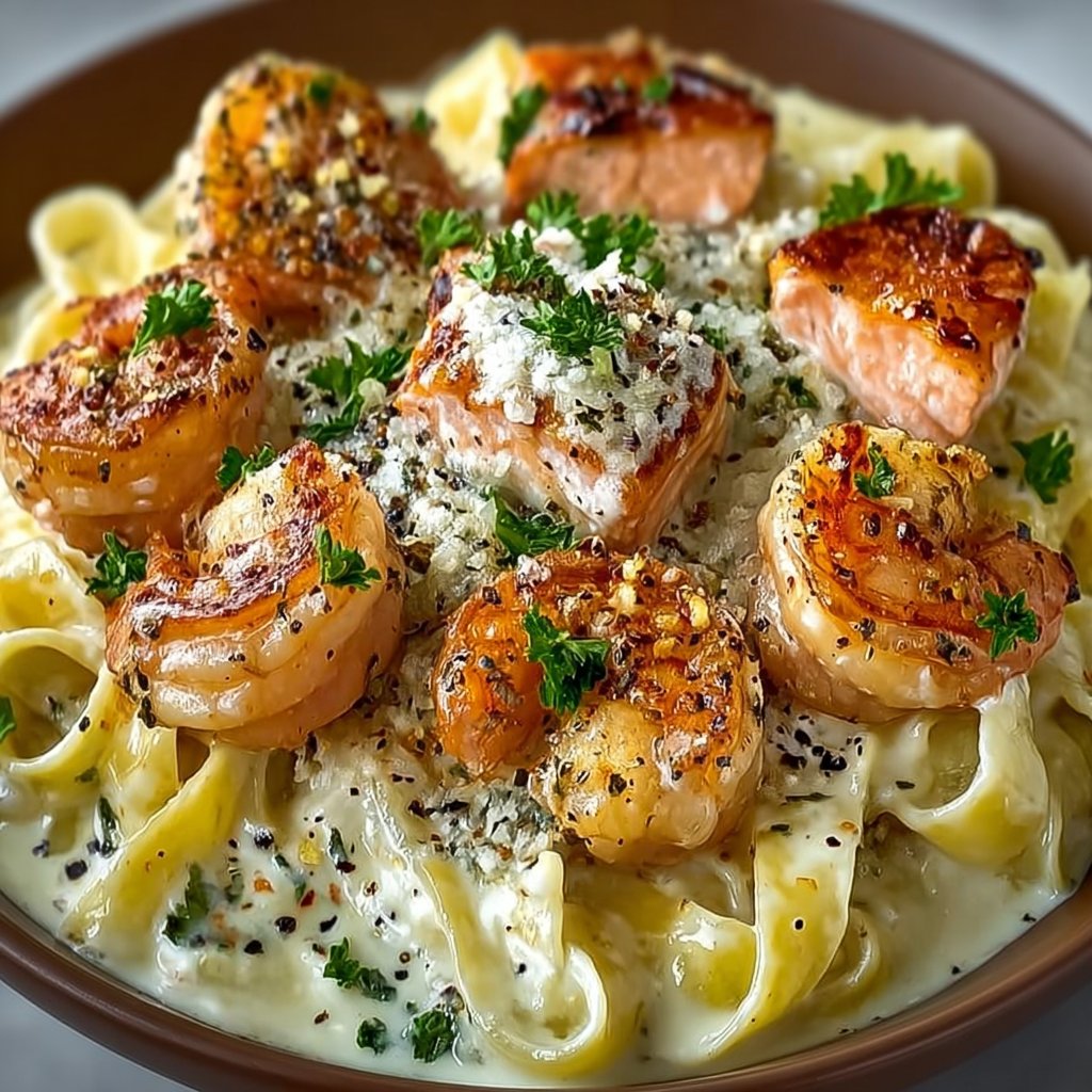 Creamy Salmon and Shrimp Alfredo