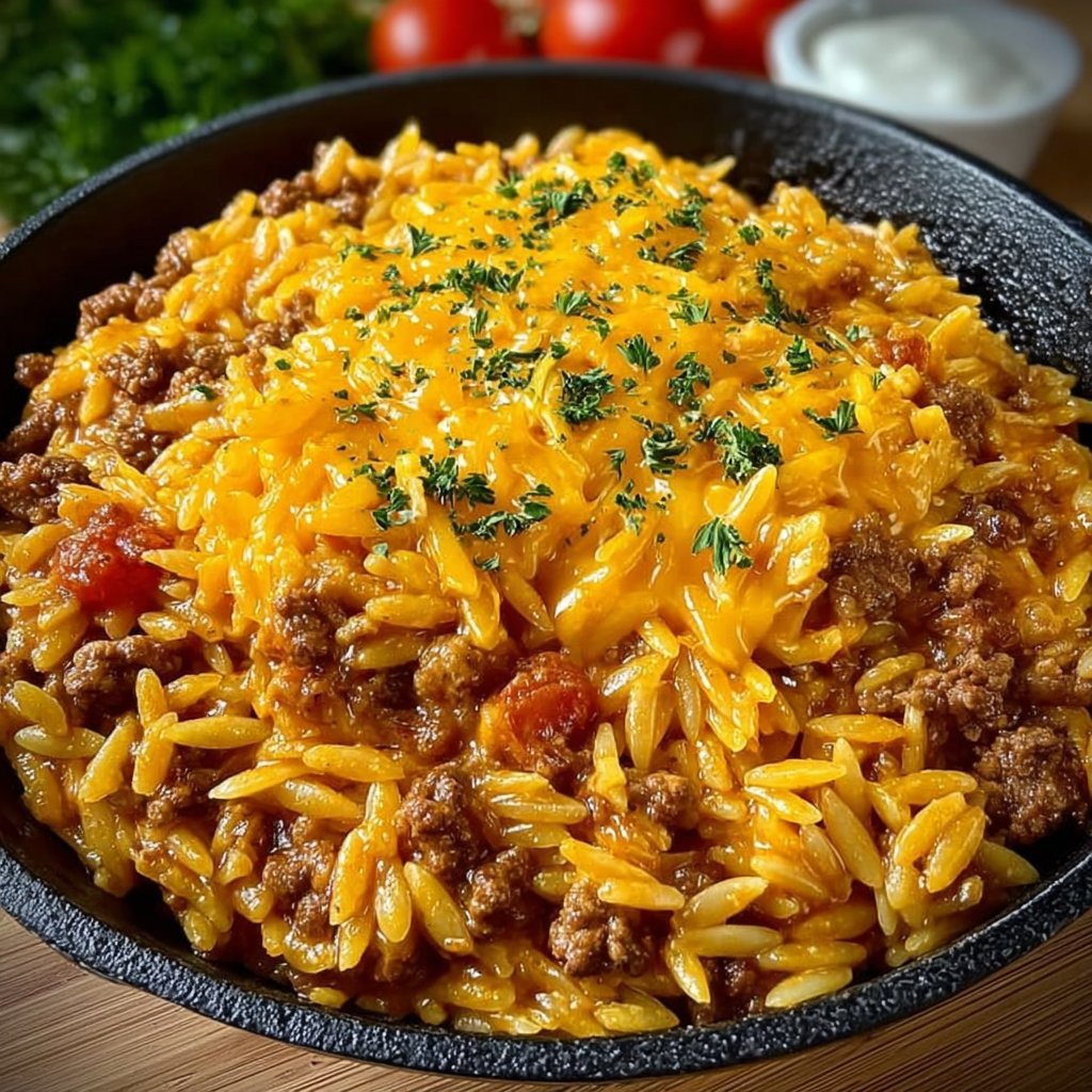 Cheesy Cheeseburger Orzo Skillet