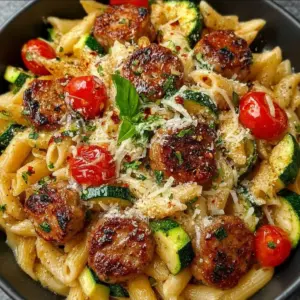 Zucchini and Tomato Chicken Sausage Pasta Skillet dish served in a bowl