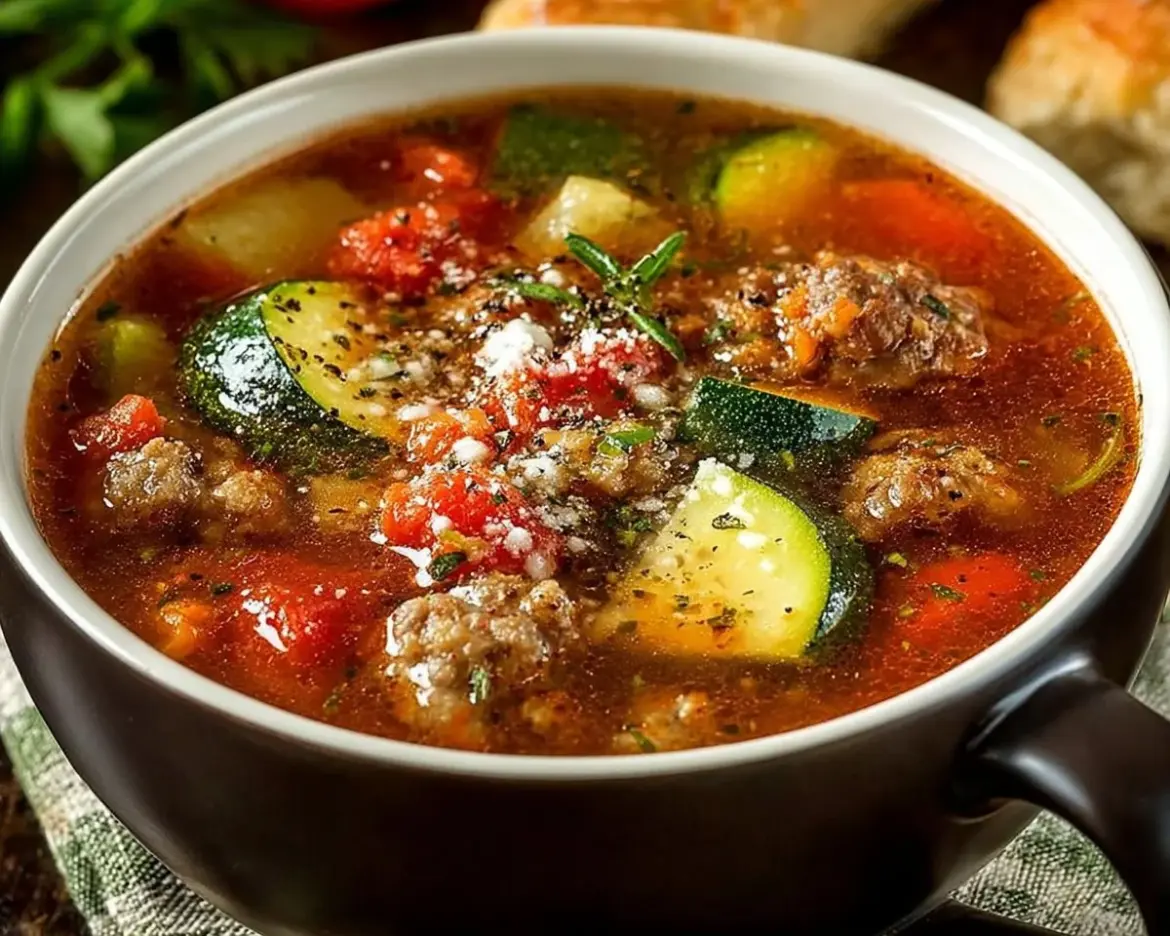 Bowl of Zucchini Tomato Italian Sausage Soup with fresh herbs