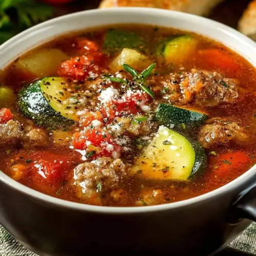 Bowl of Zucchini Tomato Italian Sausage Soup with fresh herbs