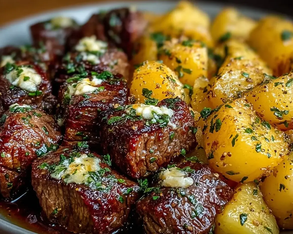 Delicious air fryer garlic butter steak bites served with crispy potatoes