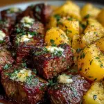 Delicious air fryer garlic butter steak bites served with crispy potatoes