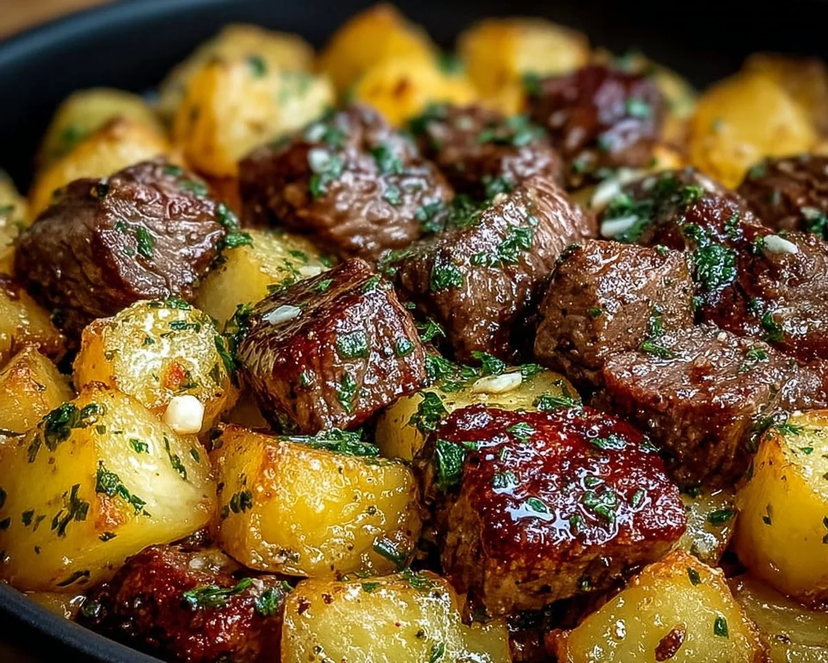 Air Fryer Garlic Butter Steak Bites and Potatoes