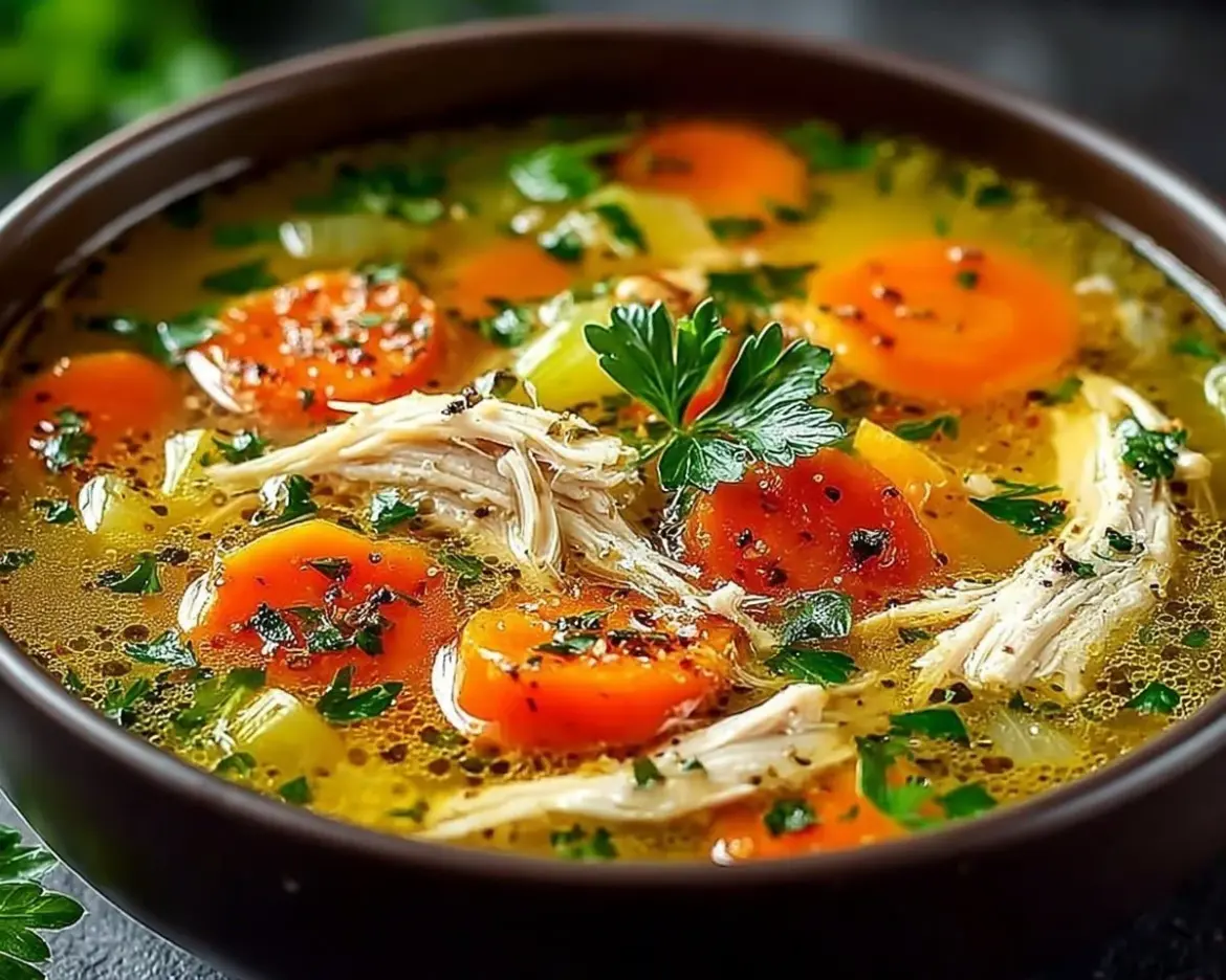 Bowl of anti-inflammatory chicken soup with vegetables and herbs