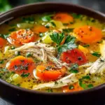 Bowl of anti-inflammatory chicken soup with vegetables and herbs