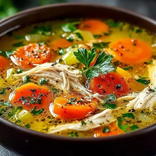 Bowl of anti-inflammatory chicken soup with vegetables and herbs