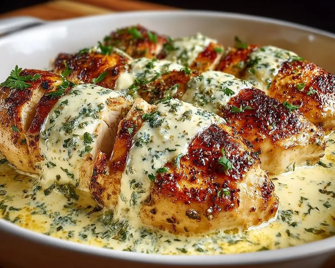 Baked Caesar Chicken topped with creamy Parmesan sauce on a plate