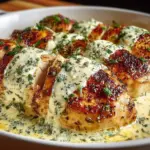 Baked Caesar Chicken topped with creamy Parmesan sauce on a plate
